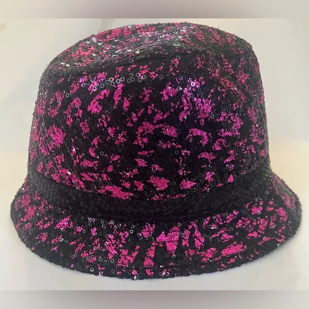 Justice girls pink black sequin fedora hat one size fits most